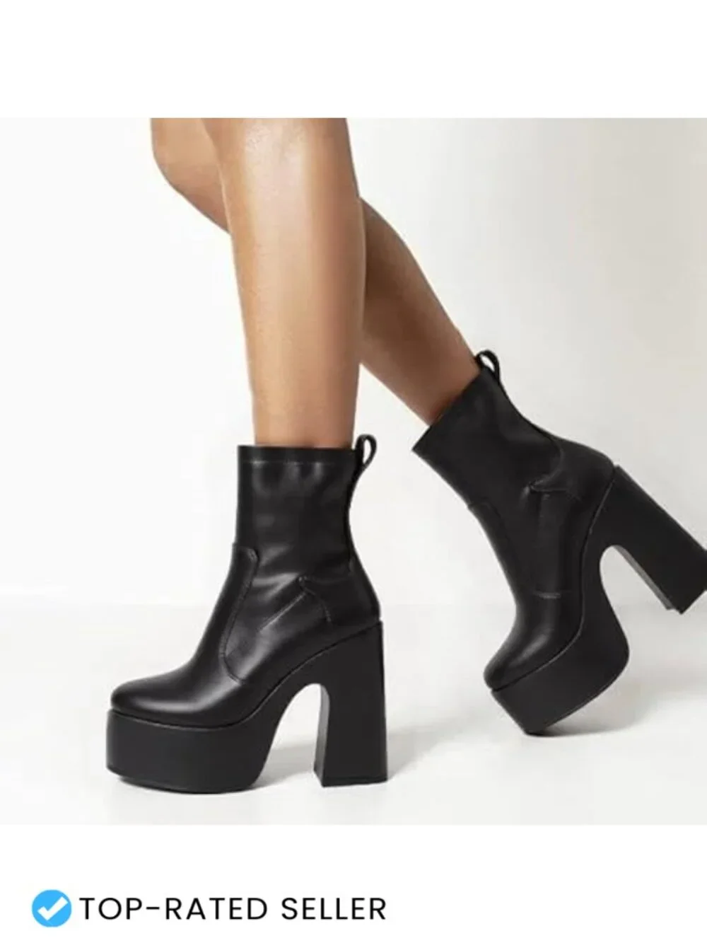 Faux Leather Platform Ankle Boots Chunky Block Heel Round Toe Side Zip